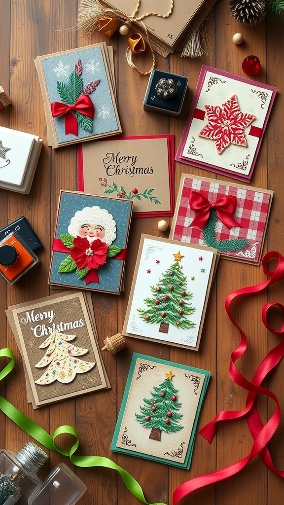 Handmade Christmas cards displayed on a wooden table with crafting supplies.